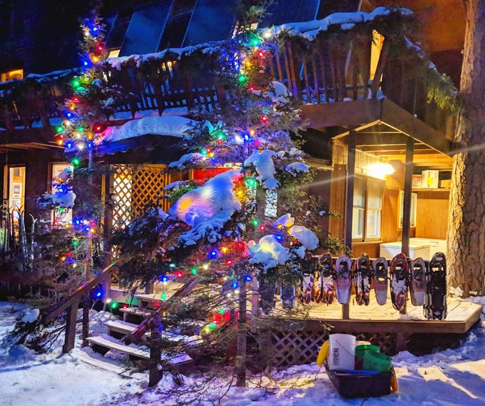 Outside of a snowy cabin decorated with rainbow string lights